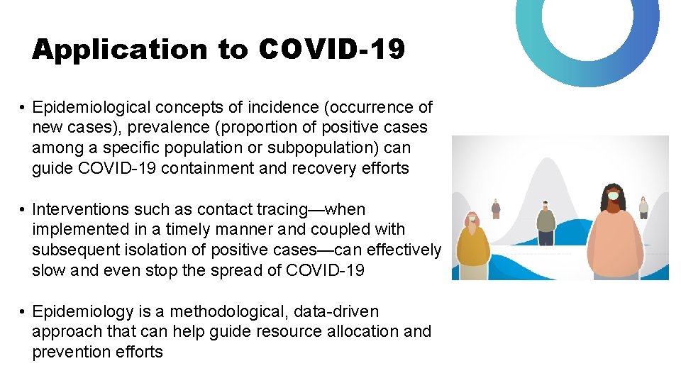 Application to COVID-19 • Epidemiological concepts of incidence (occurrence of new cases), prevalence (proportion