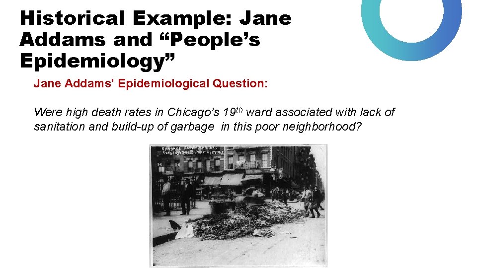 Historical Example: Jane Addams and “People’s Epidemiology” Jane Addams’ Epidemiological Question: Were high death