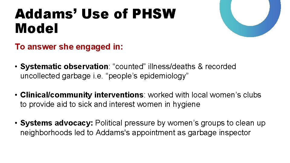 Addams’ Use of PHSW Model To answer she engaged in: • Systematic observation: “counted”