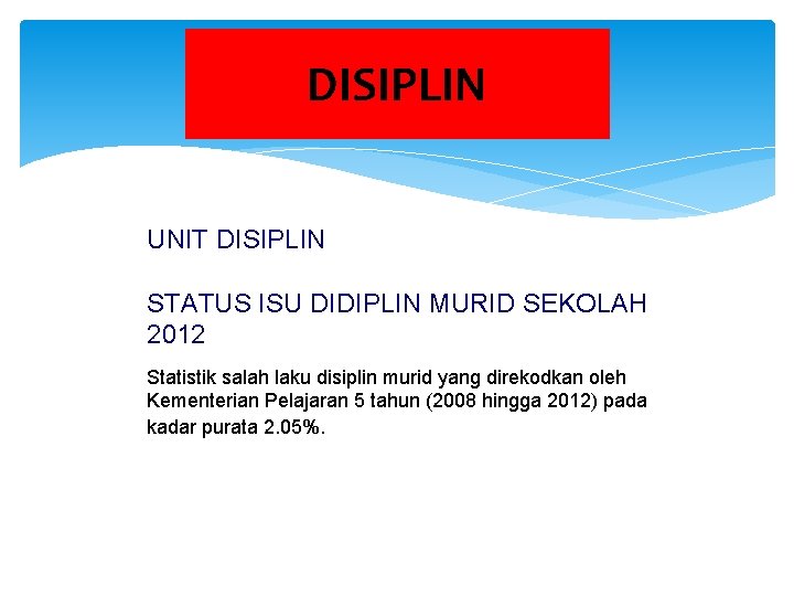 DISIPLIN UNIT DISIPLIN STATUS ISU DIDIPLIN MURID SEKOLAH 2012 Statistik salah laku disiplin murid