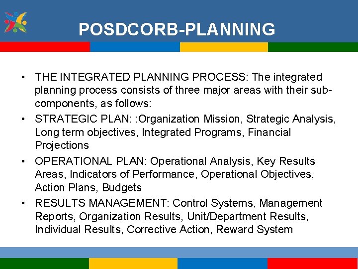 POSDCORB-PLANNING • THE INTEGRATED PLANNING PROCESS: The integrated planning process consists of three major