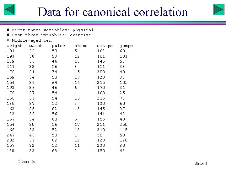 Data for canonical correlation # First three variables: physical # Last three variables: exercise