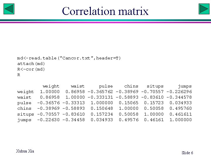 Correlation matrix md<-read. table("Cancor. txt", header=T) attach(md) R<-cor(md) R weight 1. 00000 waist 0.