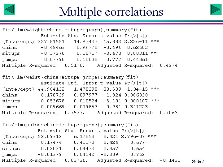 Multiple correlations fit<-lm(weight~chins+situps+jumps); summary(fit) Estimate Std. Error t value Pr(>|t|) (Intercept) 237. 81551 14.