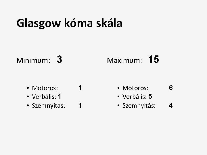 Glasgow kóma skála Minimum: 3 • Motoros: • Verbális: 1 • Szemnyitás: Maximum: 1