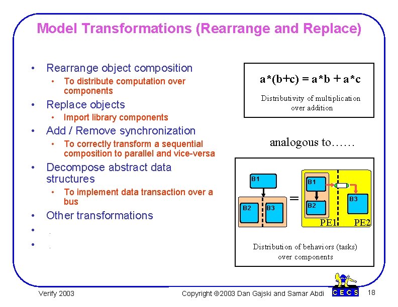 Model Transformations (Rearrange and Replace) • Rearrange object composition • a*(b+c) = a*b +