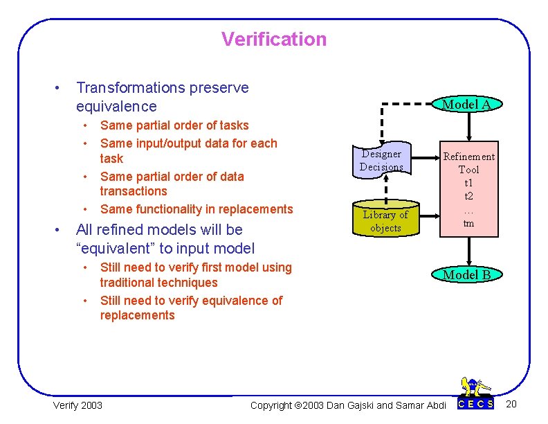 Verification • Transformations preserve equivalence • • Model A Same partial order of tasks