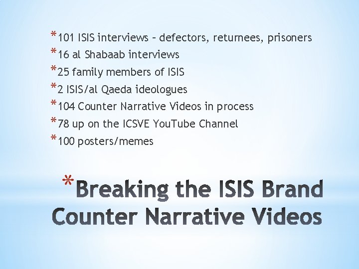 *101 ISIS interviews – defectors, returnees, prisoners *16 al Shabaab interviews *25 family members