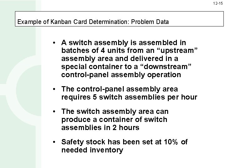 12 -15 Example of Kanban Card Determination: Problem Data • A switch assembly is