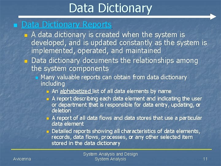 Data Dictionary n Data Dictionary Reports n n A data dictionary is created when