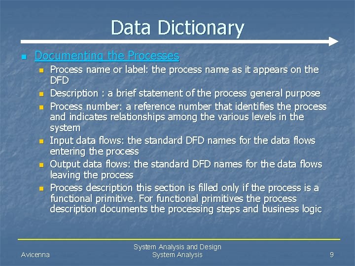 Data Dictionary n Documenting the Processes n n n Avicenna Process name or label: