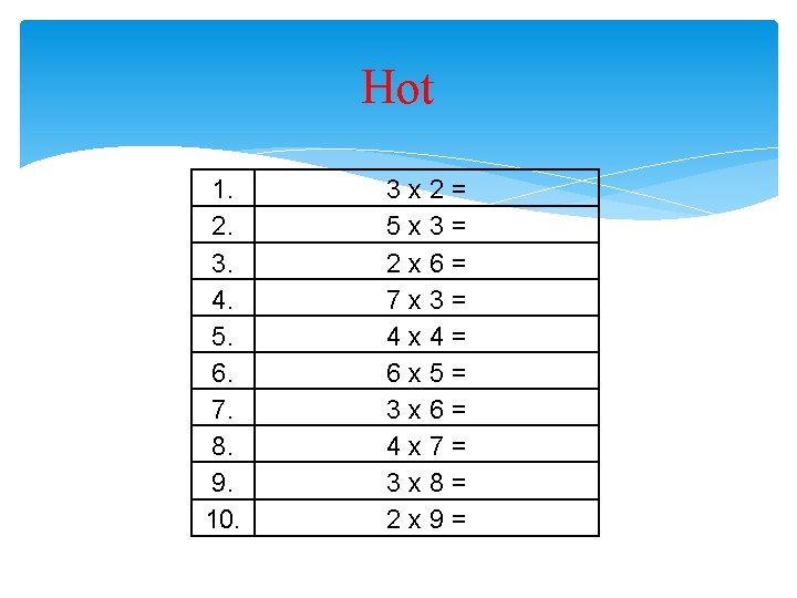 Hot 1. 2. 3. 4. 5. 6. 7. 8. 9. 10. 3 x 2=