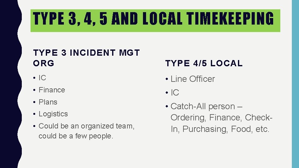 TYPE 3, 4, 5 AND LOCAL TIMEKEEPING TYPE 3 INCIDENT MGT ORG TYPE 4/5