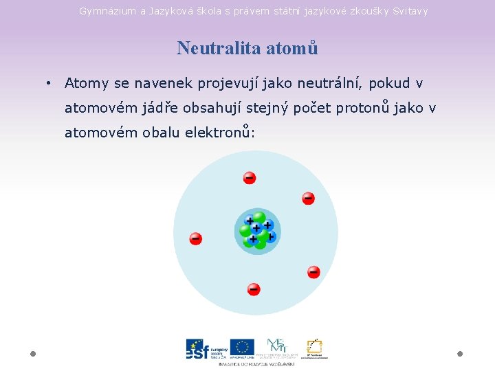 Gymnázium a Jazyková škola s právem státní jazykové zkoušky Svitavy Neutralita atomů • Atomy