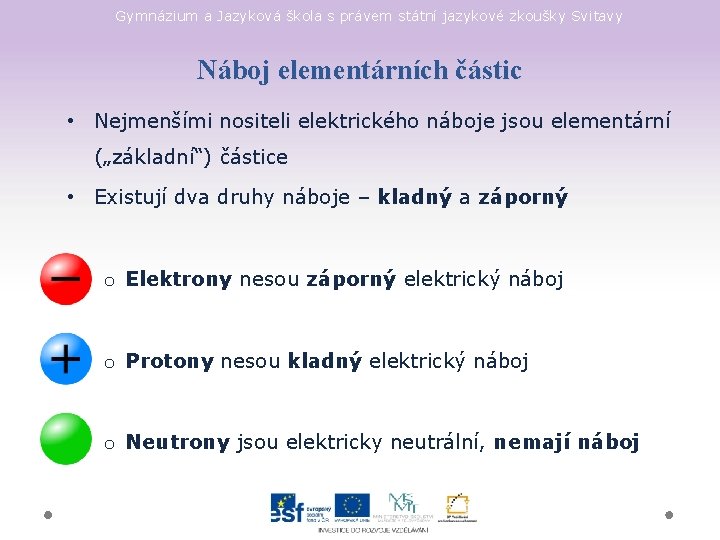 Gymnázium a Jazyková škola s právem státní jazykové zkoušky Svitavy Náboj elementárních částic •