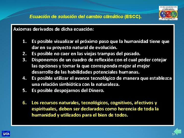 Ecuación de solución del cambio climático (ESCC). Axiomas derivados de dicha ecuación: 1. Es