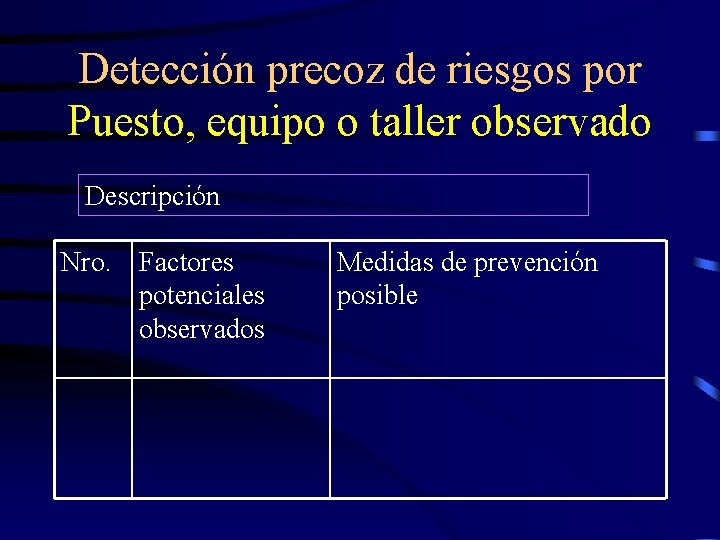 Detección precoz de riesgos por Puesto, equipo o taller observado Descripción Nro. Factores potenciales