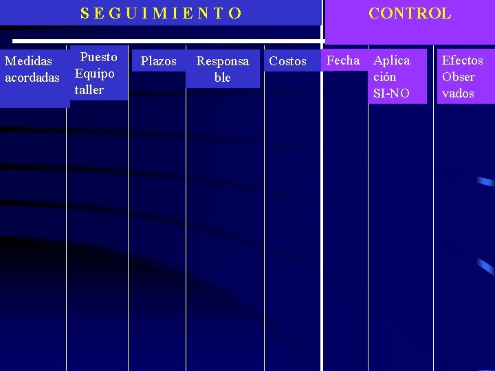 SEGUIMIENTO Medidas acordadas Puesto Equipo taller Plazos Responsa ble CONTROL Costos Fecha Aplica ción