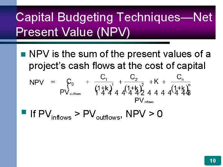 Capital Budgeting Techniques—Net Present Value (NPV) n NPV is the sum of the present