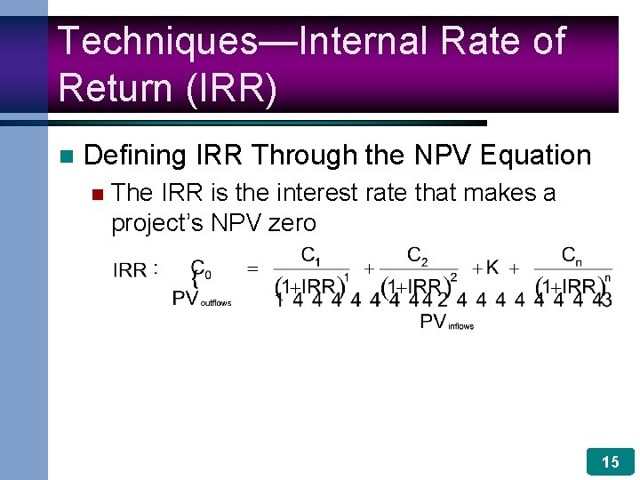 Techniques—Internal Rate of Return (IRR) n Defining IRR Through the NPV Equation n The