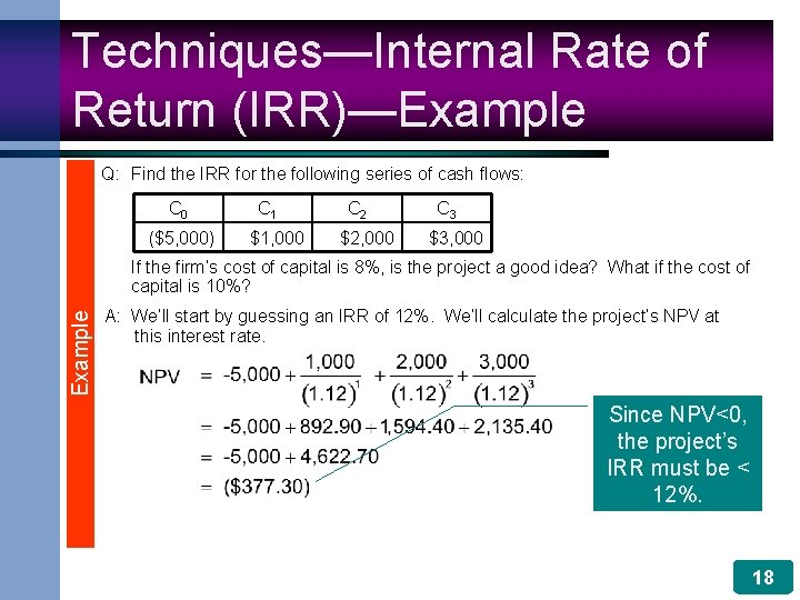 Techniques—Internal Rate of Return (IRR)—Example Q: Find the IRR for the following series of