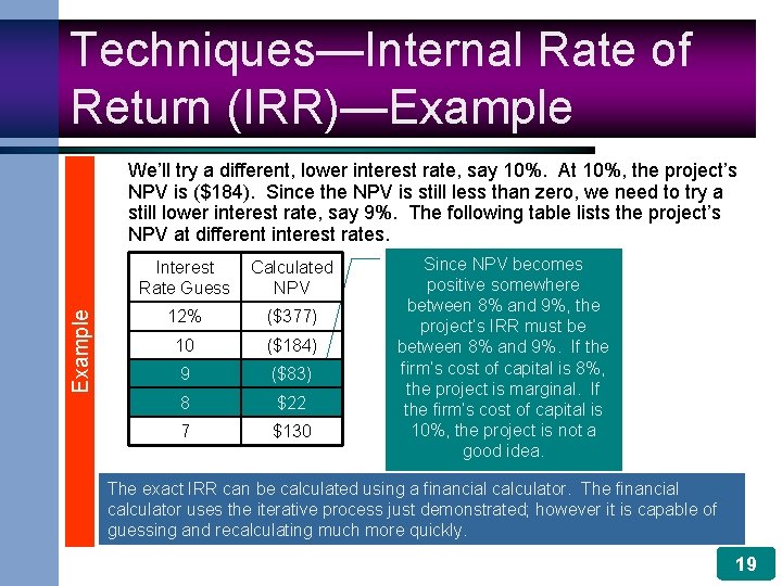 Techniques—Internal Rate of Return (IRR)—Example We’ll try a different, lower interest rate, say 10%.