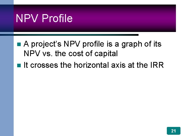 NPV Profile A project’s NPV profile is a graph of its NPV vs. the