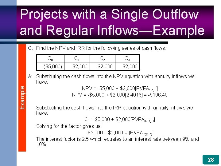 Projects with a Single Outflow and Regular Inflows—Example Q: Find the NPV and IRR