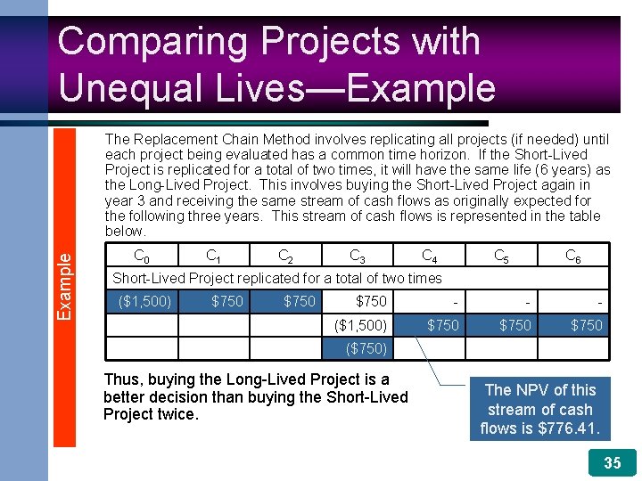 Comparing Projects with Unequal Lives—Example The Replacement Chain Method involves replicating all projects (if