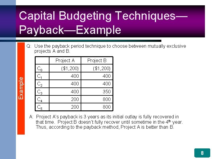 Capital Budgeting Techniques— Payback—Example Q: Use the payback period technique to choose between mutually