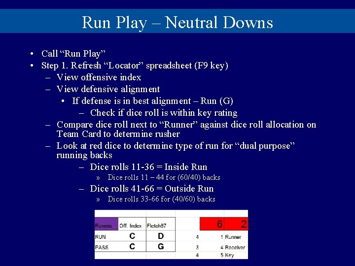 Run Play – Neutral Downs • Call “Run Play” • Step 1. Refresh “Locator”