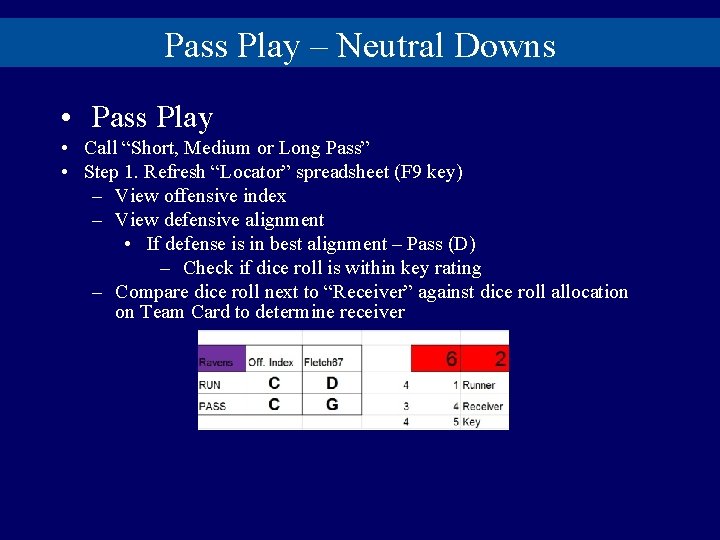 Pass Play – Neutral Downs • Pass Play • Call “Short, Medium or Long