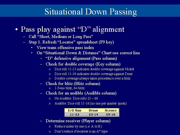 Situational Down Passing • Pass play against “D” alignment – Call “Short, Medium or