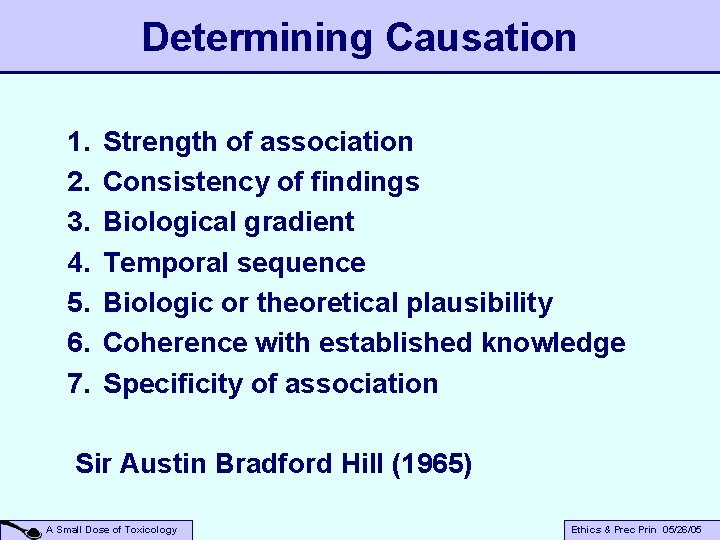 Determining Causation 1. 2. 3. 4. 5. 6. 7. Strength of association Consistency of