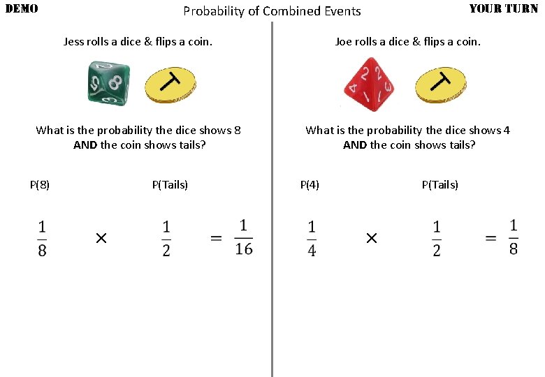 DEMO YOUR TURN Probability of Combined Events Jess rolls a dice & flips a