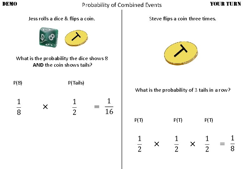 DEMO YOUR TURN Probability of Combined Events Jess rolls a dice & flips a