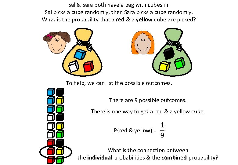 Sal & Sara both have a bag with cubes in. Sal picks a cube