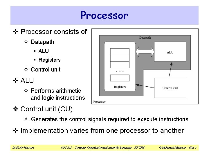 Processor v Processor consists of ² Datapath § ALU § Registers ² Control unit