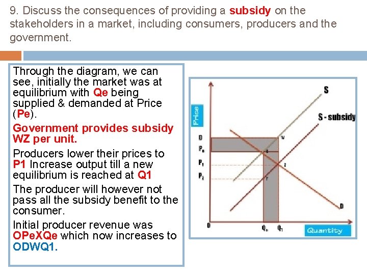 9. Discuss the consequences of providing a subsidy on the stakeholders in a market,