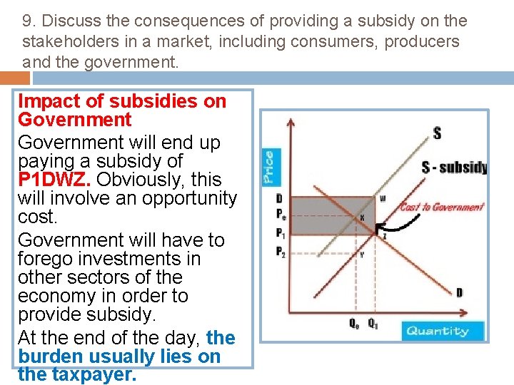 9. Discuss the consequences of providing a subsidy on the stakeholders in a market,