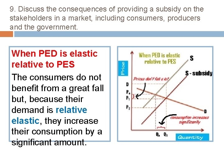9. Discuss the consequences of providing a subsidy on the stakeholders in a market,