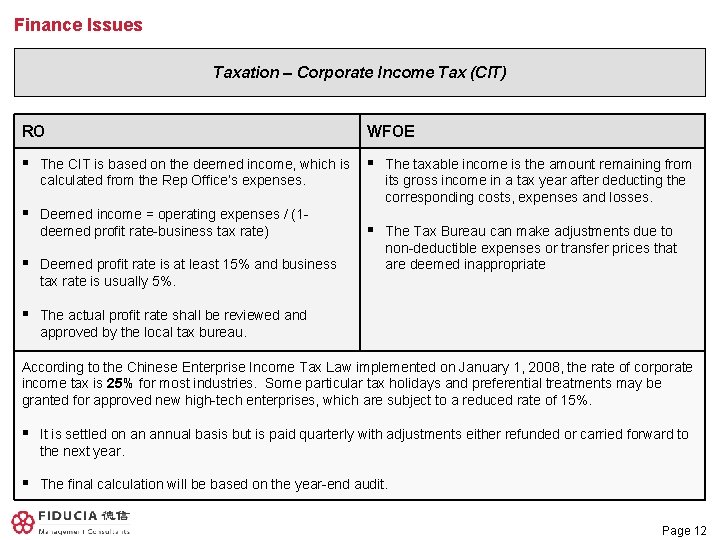 Finance Issues Taxation – Corporate Income Tax (CIT) RO WFOE § The CIT is