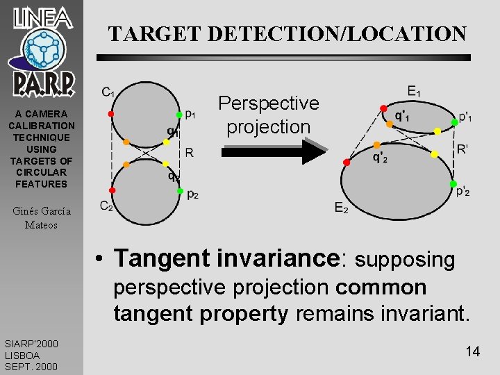 TARGET DETECTION/LOCATION A CAMERA CALIBRATION TECHNIQUE USING TARGETS OF CIRCULAR FEATURES Perspective projection Ginés