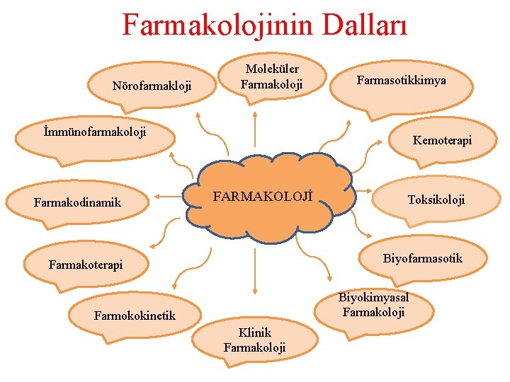 Farmakolojinin Dalları Nörofarmakloji Moleküler Farmakoloji Farmasotikkimya İmmünofarmakoloji Farmakodinamik Kemoterapi FARMAKOLOJİ Toksikoloji Biyofarmasotik Farmakoterapi Biyokimyasal