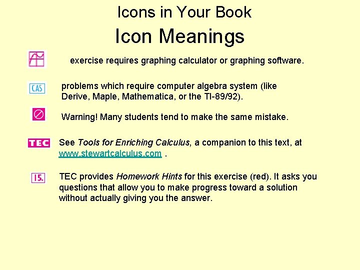 Icons in Your Book Icon Meanings exercise requires graphing calculator or graphing software. problems