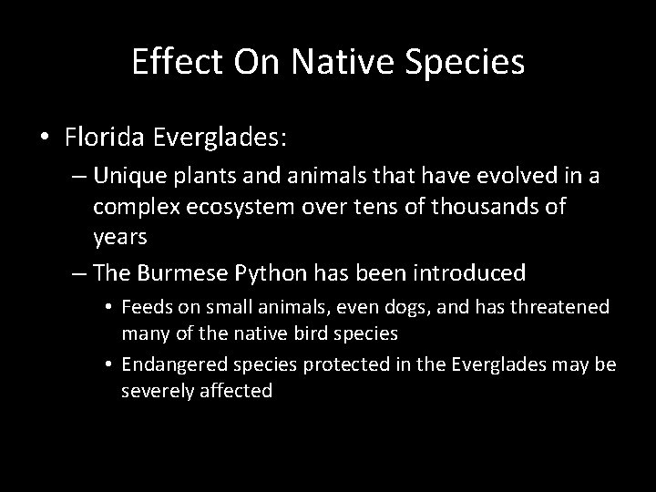 Effect On Native Species • Florida Everglades: – Unique plants and animals that have