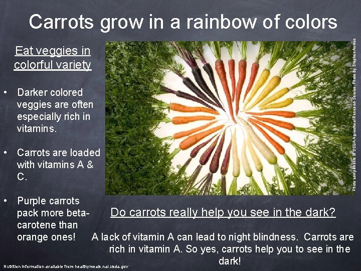 Eat veggies in colorful variety • Darker colored veggies are often especially rich in