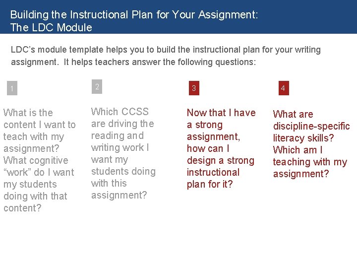 Building the Instructional Plan for Your Assignment: The LDC Module LDC’s module template helps