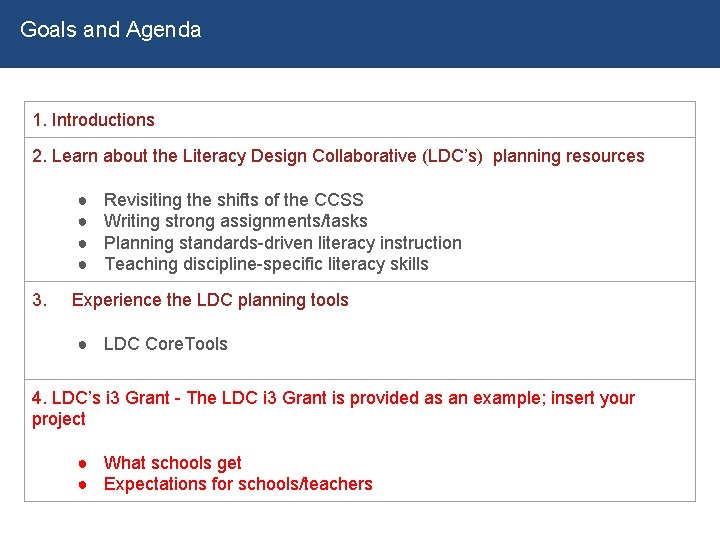 Goals and Agenda 1. Introductions 2. Learn about the Literacy Design Collaborative (LDC’s) planning