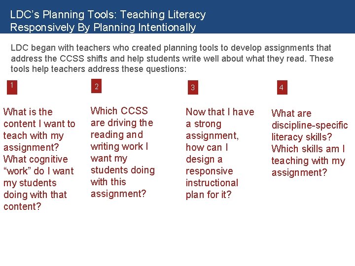 LDC’s Planning Tools: Teaching Literacy Responsively By Planning Intentionally LDC began with teachers who